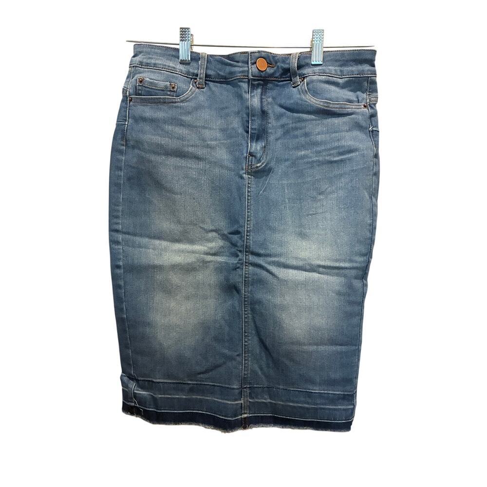 AZY Women's Size Large Raw Hem Denim Skirt Coastal Cowgirl Stretch Pockets Blue